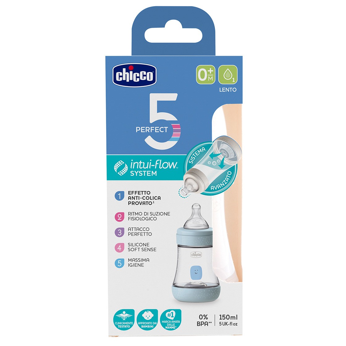 Chicco Perfect5 biberón silicona azul 0m+ 150ml Chicco Perfect5 biberón silicona azul 0m+ 150ml